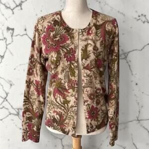 Peck & Beck Brown/Green/Pink Floral Silk Cashmere Cardigan Sweater Sz XL